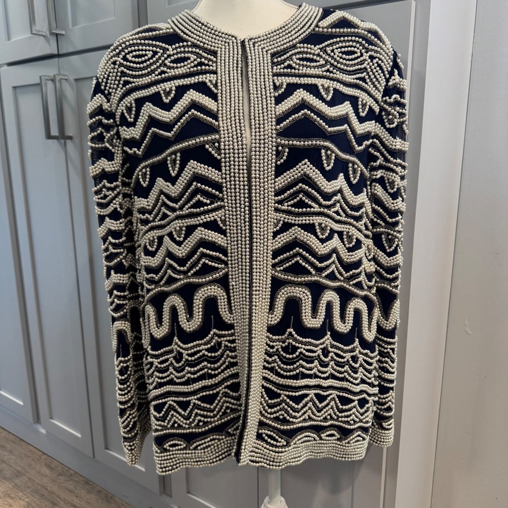Vintage Laurence Kazar Silk‎ Beaded Jacket Navy Blue Pearl Embellished Statement
